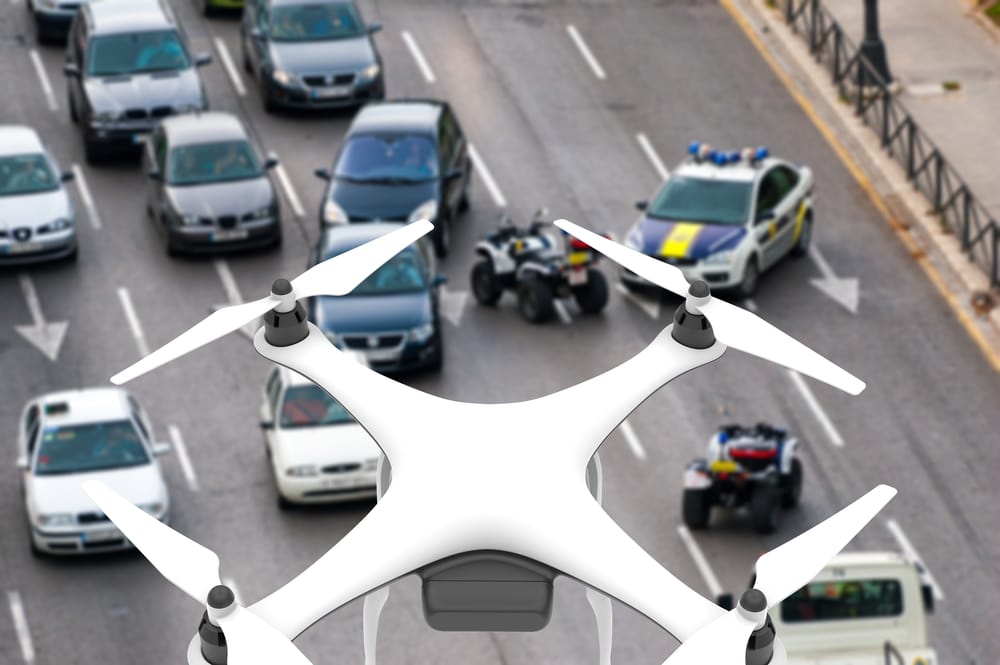 Render of Drone flying over a street surveying traffic